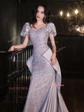 Silver Sequin Beading Short Sleeve Prom Dress