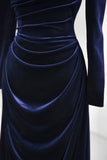 Ruched Floor Length Long Sleeve Navy Velvet Prom Dress