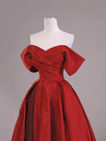 Tulle Off The Shoulder A Line Dark Red Satin Prom Dress