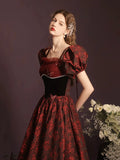 Rose Print A-Line Floor Length Burgundy Prom Dress