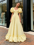Sweetheart A Line Satin Puffy Sleeve Yellow Prom Dress