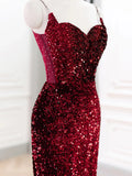 Spaghetti Straps Backless Mermaid Burgundy Sequin Prom Dress