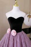 Sweetheart Black Velvet Lavender Flower Prom Dress
