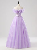 Tulle Floor Length A Line Purple Belt Prom Dress