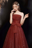 Burgundy Strapless Sequin Sparkle Tulle A Line Prom Dress