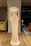 Long Sleeves White Asymmetric Neckline Satin Prom Dress