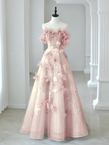 A Line Off The Shoulder Pink Flower Prom Dress