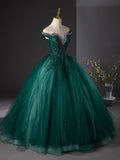 Tulle Sequins Beading Off The Shoulder Dark Green Prom Dress