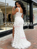 Sheath Column Flower Lace Straps White Prom Dress