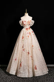 Champagne Floral Sequins A Line Off the Shoulder Prom Dress