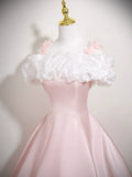 Off Shoulder Satin Pink A Line Ruffles Prom Dress