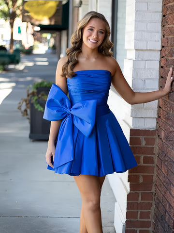 Short Mini Satin Blue Straples Homecoming Dress With Bow