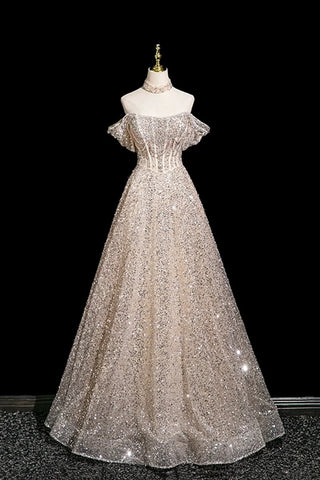 Champagne Tulle Sequins A Line Off The Shoulder Prom Dress