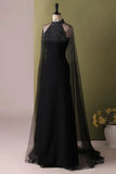 Beading A Line Black Halter Evening Dress with Cape