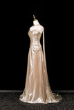 Sweep Train Floor Length Satin Champagne Prom Dress With Shawl