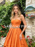 Orange Strapless Satin Ruffles Beading A Line Prom Dress