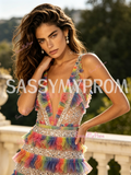 V Neck Rainbow Sequin A Line Backless Tulle Prom Dress