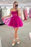 Princess Strapless Fuchsia Sheer Mini Homecoming Dress