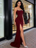 Beading Strapless Satin Trumpet Mermaid Prom Dress With Slit
