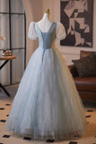 Blue Short Sleeves Square Tulle A Line Floral Prom Dress