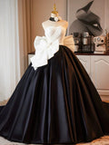 Satin Satin Bow Flower A Line White & Black Prom Dress