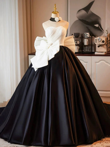 Satin Bow Flower A Line White & Black Prom Dress