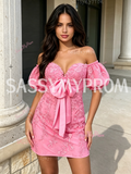 Pink Puffy Sleeves Sheath Column Lace Homecoming Dress