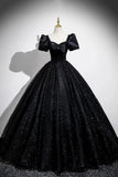 Tulle Long Puffy Sleeve Black Glitter Prom Dress