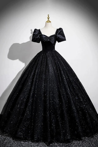 Tulle Long Puffy Sleeve Black Glitter Prom Dress