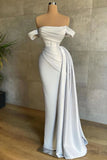 Off The Shoulder Satin Mermaid Champagne Draped Train Prom Dress