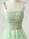 Light Green Tulle Spaghetti Strap Sequin Prom Dress