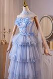 A Line Beading Butterfly Blue Flower Prom Dress