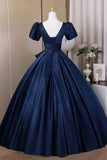 Short Sleeve A Line Navy Satin Bow Prom Dress