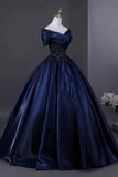 Beading A Line Off The Shoulder Navy Satin Prom Dress