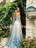 Butterfly Blue Tulle V Neck Pearl A Line Prom Dress With Shawl