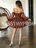 Off The Shoulder Brown Tulle Long Sleeve Lace Homecoming Dress