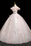Pink Tulle Flower Off The Shoulder Appliques Prom Dress