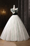 White Tulle & Green Print A Line Prom Dress