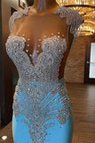 Trumpet Mermaid Beading Light Blue Satin Jewel Prom Dress
