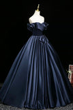 Off-Shoulder Ball Gown Navy Satin Prom Dress With Bow