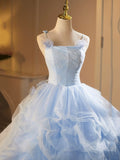 Spaghetti Strap Tulle Lace Blue Flower Prom Dress