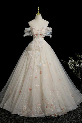 A Line Off The Shoulder Tulle Beads Champagne Prom Dress