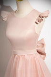 Tulle Scoop A Line Bow Pink Satin Prom Dress