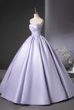 Ruched Satin Floor Length A-Line Lilac Strapless Prom Dress