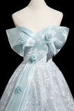 Flower Lace A Line Blue Off the Shoulder Prom Dress