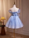 Tulle Short A-Line Butterfly Pearls Blue Homecoming Dress