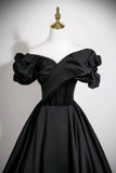 Off the Shoulder A-Line Satin Black Ruffles Prom Dress