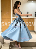 Halter Cut Out Appliques Light Blue Satin Homecoming Dress