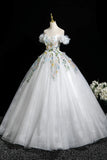A-Line Off the Shoulder Floral White Off The Prom Dress