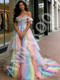 Sparkle Tulle Rainbow Off The Shoulder A Line Prom Dress